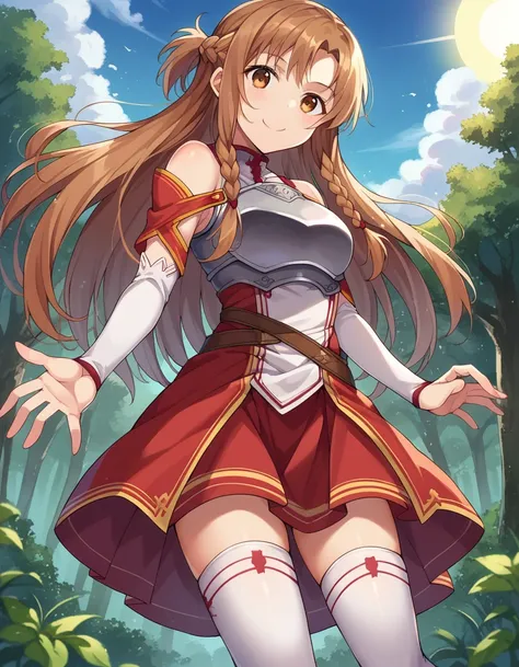 score_9, score_8_up, score_7_up, source_anime, asunayuuki, <lora:asuna-yuuki-ponyxl-lora-nochekaiser:1>, asuna yuuki, long hair, brown hair, brown eyes, braids, smile, skirt, thighhighs, bare shoulders, detached sleeves, armor, white thighhighs, breastplat...