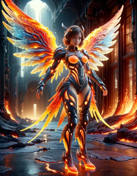 (best quality, masterpiece, colorful, dynamic angle, highest detailed)upper body photo, full body photo, fashion photography of cute mechangel, glowing 4 wings, solo, glowing armor, glowing halo, building, glowing mechanical 4 wings (intricate details, hyp...