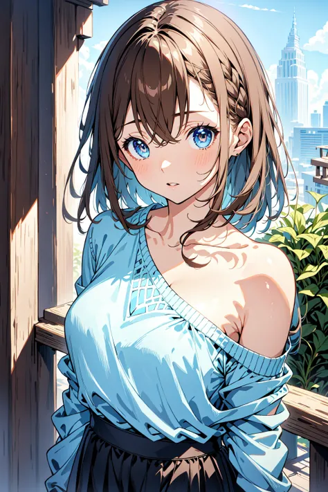 masterpiece, best quality, ultra-detailed, official art, 1girl, <lora:one-shoulder_sweater-08:0.6>, one-shoulder sweater, pastel blue sweater, brown hair, blue eyes, outdoors