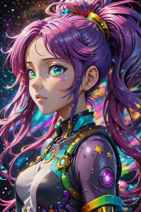 (masterpiece), 8k, very wide shot, volumetrics dtx, portrait, magical of stars more soft body particles, beautiful eyes, (dreadlocks:0.5) in a ponytail, (Violet head:1), vibrant colors, highly detailed SK_ANIME