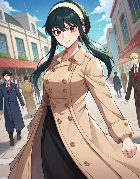 score_9, score_8_up, score_7_up, source_anime, 
yorbriar, <lora:yor-briar-ponyxl-lora-nochekaiser:1>, 
yor briar, black hair, red eyes, earrings, white hairband, hairband, long hair, sidelocks, smile,
coat, trench coat,
outdoors, cityscape, crowd, people, ...