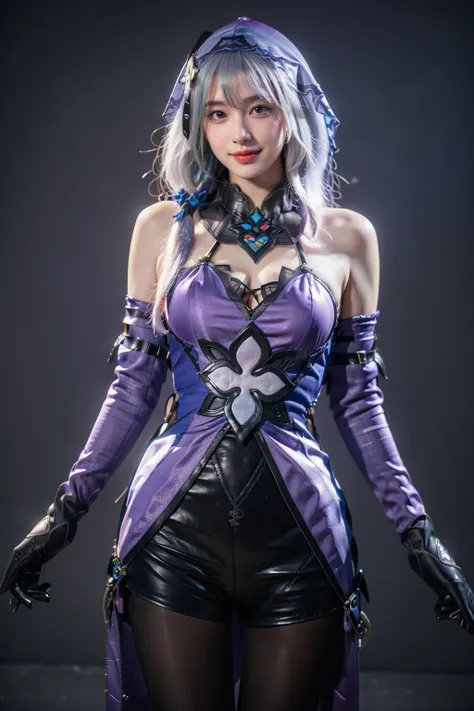 best quality, masterpiece, realistic, photorealistic, 1girl, solo, looking at viewer, smile, standing, cowboy shot, blackswan cosplay costume, elbow gloves, cosplay, gauntlets, gloves, dress, purple dress, pantyhose, veil, hood, shorts, simple background, ...