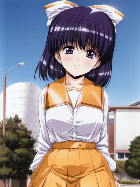 <lora:Ai_Mizuho:0.8>,  Mizuho, 1girl, soro, purple eyes, black hair, hair bow, purple hair, shiny hair, breasts,  school uniform, orange skirt,  long sleeves,  cowboy Shot, blush, smile, outdoor, sky, park,
masterpiece, high quality, very_high_resolution, ...