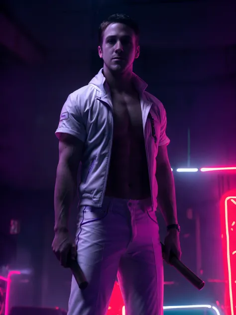 refnstyle, a driv3man holding an hammer, upper body shot,white jacket,purple tint,dimly lit,standing in a club,at night,dramatic,vibrant,neon lights