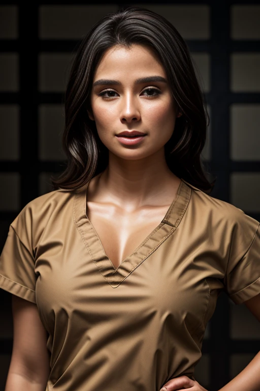 dian36ur3rr3r0, dark hair, wearing (tan prison scrubs:1.3), surrounded by prisoners, prison, vray render, ray tracing, subsurface scattering, by Josan Gonzalez and Liang Mark (upper body shot), (looking at viewer:1.3), (hyper realistic:1.3), (portrait:1.2)...