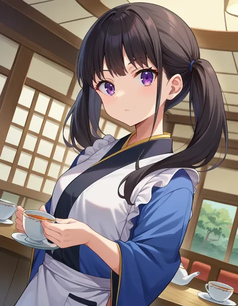 anime girl in a blue and white dress holding a cup of tea