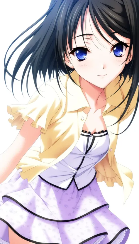 1girl,Mishima Kazuki,floral print purple skirt with black trim,yellow frilled shirt,open shirt,masterpiece,best quality,solo,game cg,blush,smile,(illustration:1.2),(extremely fine and beautiful),(perfect details),(unity CG 8K wallpaper:1.05),(ray tracing),...