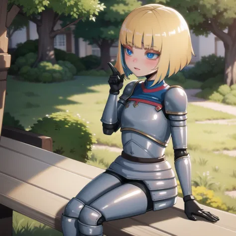 <lora:FLAYNE2:0.8> flayne, blue eyes, blonde hair, short hair, armor, blunt bangs, blush, high quality, masterpiece, colorful, sitting on bench, 1 girl, solo