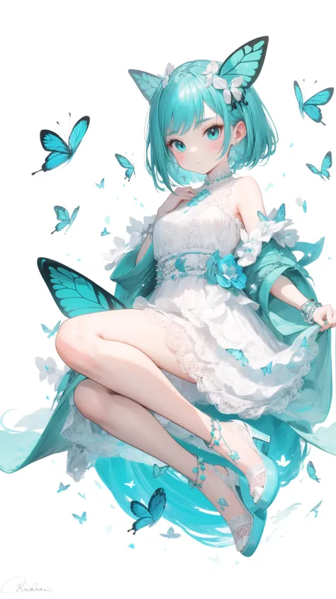 1girl, animal, anklet, aqua_hair, bangs, bird, blue_butterfly, bug, butterfly, butterfly_hair_ornament, butterfly_on_hand, butterfly_wings, closed_mouth, dragonfly, dress, earrings, frills, full_body, glowing_butterfly, green_hair, jewelry, leaf, long_slee...