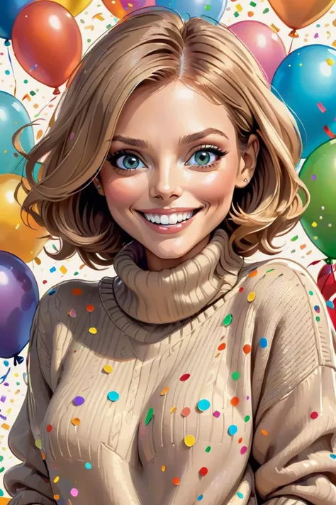 (cartoon style:1.2), drawing of ([Jessica Chastain|Kelly Ripa|Mila Kunis]), wearing baggy turtleneck sweater, big grin, perfect eyes, detailed face, party background, fun pose, flirty look, confetti, balloons