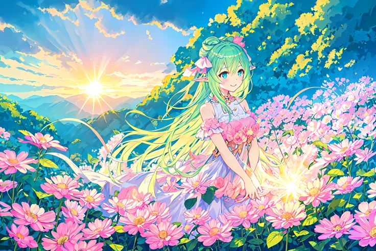 <lora:Cecile:0.8>,Cecile,1girl,super fine illustration,masterpiece,best quality,elf,;d,Dreamy,flower field,morning sunshine,horizon,