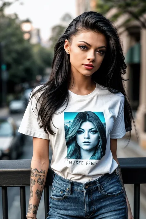 photo of beautiful (K1mberVe1ls1-135:0.99), a woman, perfect hair, serious look, (modern photo), wearing a (crew neck t-shirt:1.2) and jeans with jewelry, portrait, 85mm, (analog, cinematic, film grain:1.3), (__advancedWildcardsScienceFictionKit_v10/advanc...