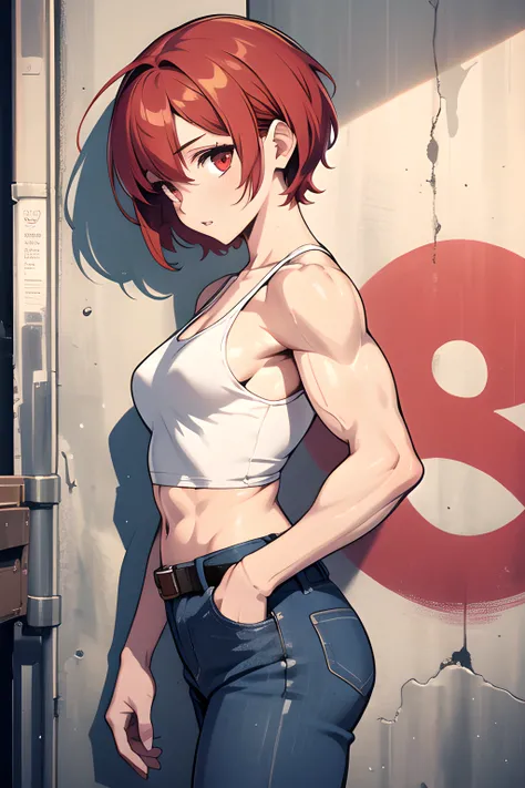 (masterpiece, best quality, highres), 1girl, solo, tomboy, very short hair, pixie cut, red hair, crossed bangs, red eyes, small breasts, tall female, muscular, muscular female, tank top, midriff, jeans, leather belt, sneakers, skin tight, outdoors, graffit...