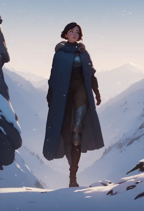 score_9, score_8_up, score_7_up, score_6_up, score_5_up, score_4_up, young adventurer woman walking in snowy mountains, armored female, medium brown hair, medium shot, cape <lora:LoRLycoXL:1>