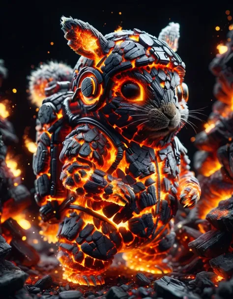 tilt-shift photo of selective focus, miniature effect, blurred background, highly detailed, vibrant, perspective control, natural Tilt Shot (Whimsically artistic) , adorable extra (fluffy: 1.3) chubby miniature pika wearing an ral-lava cyberpunk suit with ...