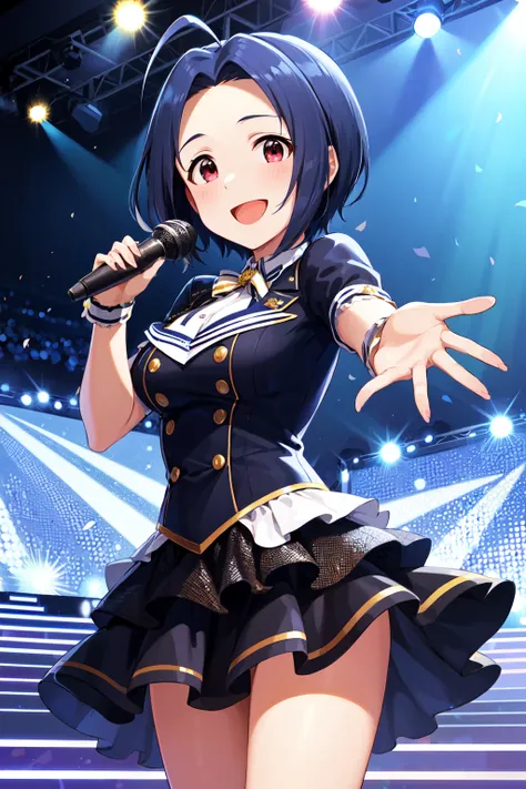 masterpiece, best quality, highres, aaazusa, short hair, ahoge, parted bangs, <lora:miura_azusa_v1:0.7>, idol clothes, dress, standing, cowboy shot, stage, holding microphone, smile, open mouth, singing, reaching out,