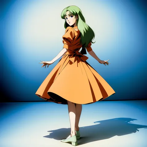 <lora:MiyukiAiba001:0.7>,
retro artstyle,1980s (style),
MiyukiAiba,1gilr,green hair,long hair,blue eyes,
orange dress,
full body,standing,looking back,