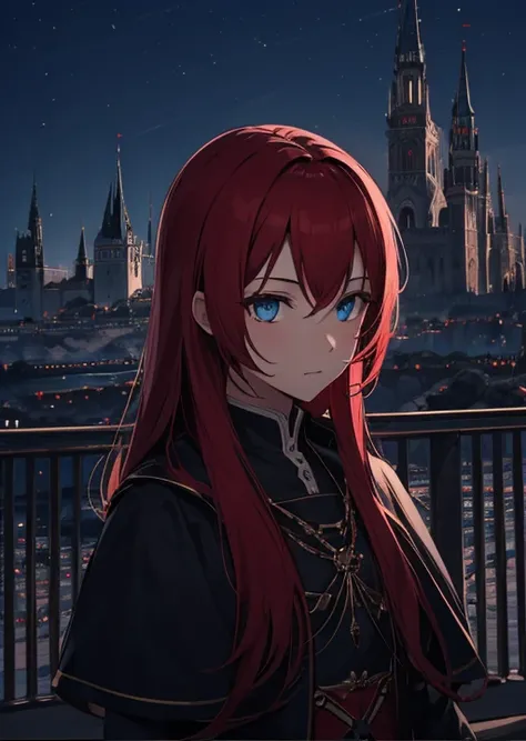 solo, 1girl, night, dark, ruby red hair, blue eyes, castle, medieval city, arch, upper body, solo focus