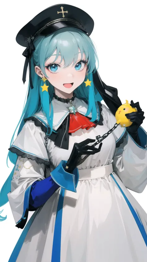 1girl, :d, ascot, bangs, black_gloves, blue_eyes, chain, cross, earrings, eyebrows_visible_through_hair, gloves, hair_between_eyes, hat, hat_ornament, jewelry, long_hair, long_sleeves, looking_at_viewer, open_mouth, silver_hair, simple_background, smile, s...