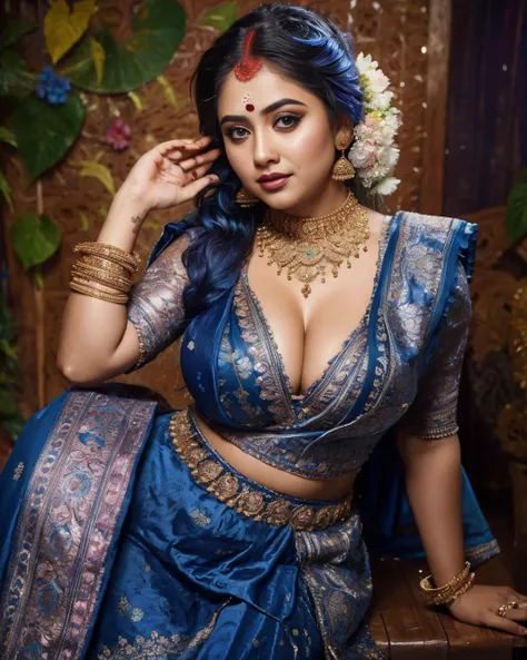 full body view, professional photography, indian bride ((sindoor on hair partings, sindur)), sleeveless blouse, deep cleavage, big bimbo boobs, blue theme , voluptuous curvy lady, metalictexturel, sitting, looking at the camera,the detail,Complex patterns,...