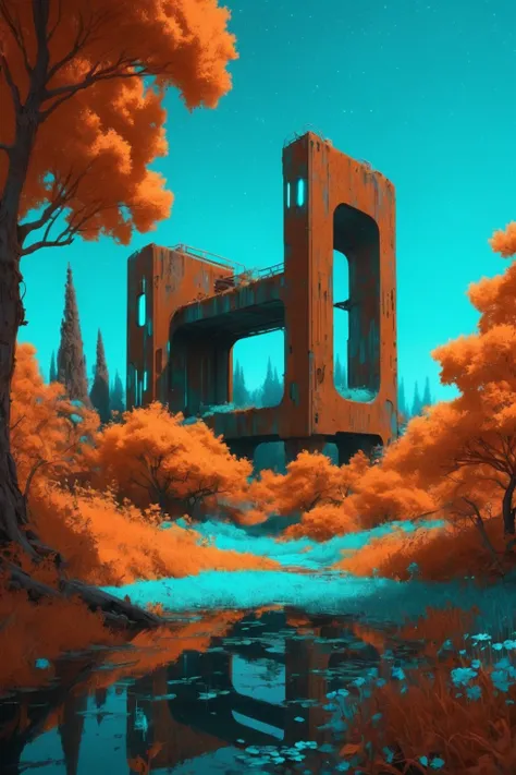 masterpiece, overgrown brutalism, Rust Orange glow, glowing trees, Cyan flowers, breathtaking landscape, masterpiece,