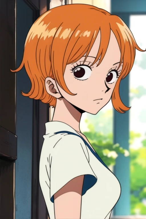 masterpiece, best quality, , 1girl, orange hair, nami (one piece), solo, looking at viewer, upper body, depth of field, , , Alcove, , <lora:one_piece_style:0.94>, one_piece_style