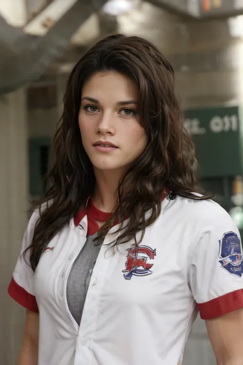 photo, photorealistic, detailed, <lora:opt-missyperegrym2005-2015:1> opt-missy_peregrym, detailed, realistic, <lora:Baseball Uniform By Stable Yogi:1> wearing a baseball uniform,