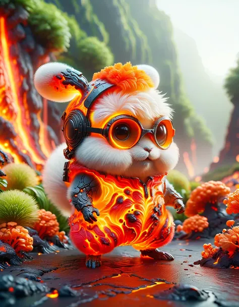 tilt-shift photo of selective focus, miniature effect, blurred background, highly detailed, vibrant, perspective control, natural Tilt Shot (Whimsically artistic) , adorable extra (fluffy: 1.3) chubby miniature pika wearing an ral-lava cyberpunk suit with ...