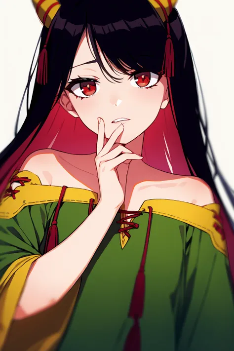 masterpiece, best quality,   <lora:NippakuZanmu:1>1girl, horns, red eyes, long hair, black hair, solo, looking at viewer, parted lips, hand on own face, upper body, off shoulder, green dress, hand on own cheek, bare shoulders, bangs, skull, tassel, multico...