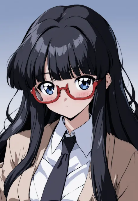 <lora:xl_1990 style(a3)-000003:1>,1990 style,retro artstyle,1girl, solo, glasses, necktie, blue eyes, black hair, red-framed eyewear, long hair, breasts, looking at viewer, blush, cardigan, semi-rimless eyewear, shirt, upper body, school uniform, large bre...