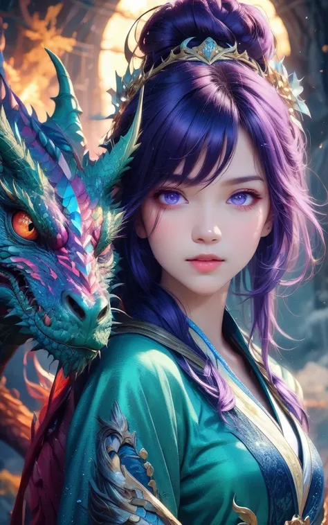 masterpiece, best quality ultra-realistic mix fantasy,(1 giant eastern dragon:1.3) behind an asian woman holding a glowing sword,void energy diamond sword, in the style of dark azure and light azure, mixes realistic and fantastical elements, vibrant manga,...