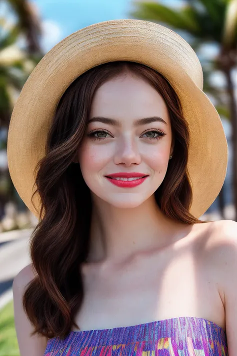 EmmaS_SoloTI_v1, (smile:1.3), a beautiful woman, perfect hair, (modern photo,Flowy sundress, straw hat:1.1), closeup portrait, 85mm, (analog, cinematic, film grain, hazy atmosphere:1.3), ((Palm tree-lined boulevard backdrop, vibrant and sunny, summer after...