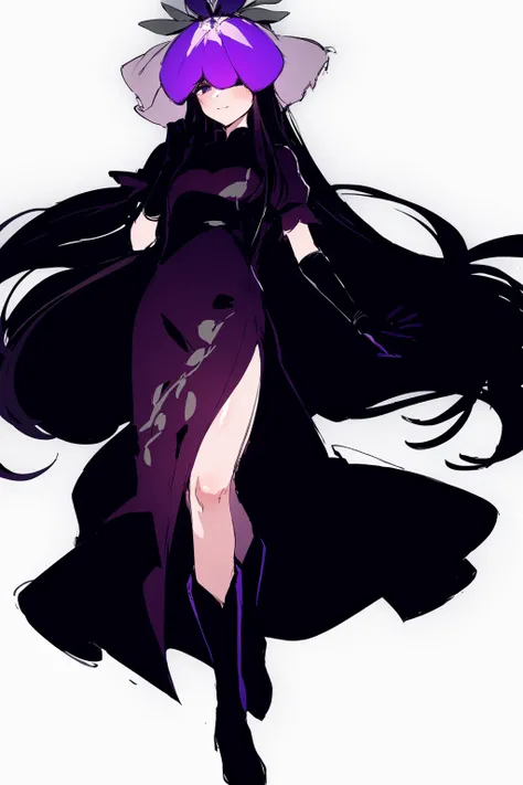 masterpiece, best quality, <lora:YomotsuHisami:1>,
1girl, solo, long hair, dress, black dress, gloves, sketch, flower, covered eyes, black gloves, black footwear, boots, very long hair, simple background, elbow gloves, white background, purple flower, full...