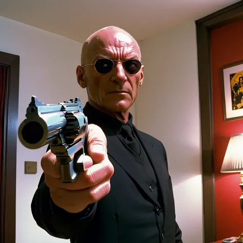 Captain Picard aiming a hand cannon in the apartment scene from Pulp Fiction, embedding:dv_peopleDV_Kim_Vicious_V2, tarantino, black suit, sunglasses,