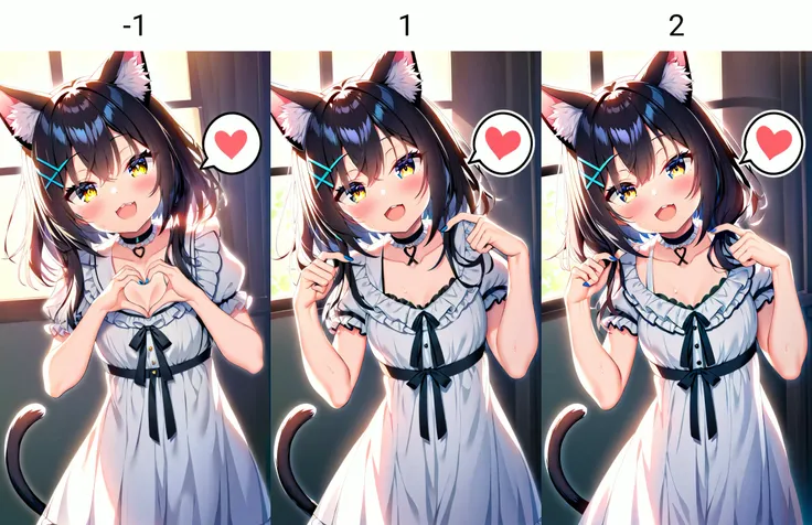 1girl,sensitive,<lora:neg4all_bdsqlsz_xl_V9:-1>,, masterpiece, newest, absurdres,best quality,, :d, animal ear fluff, animal ears, black hair, blue eyes, blush, breasts, cat ears, cat girl, cat tail, choker, cleavage, collarbone, dress, expressionless, fan...