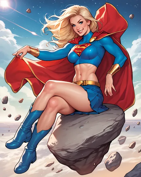 score_9, score_8_up, score_7_up, score_6_up, source_cartoon, AdamHughesStyle,  1girl, supergirl, solo, long hair, breasts, looking at viewer, smile, blue eyes, skirt, blonde hair, navel, medium breasts, sitting, full body, boots, sky, midriff, belt, minisk...