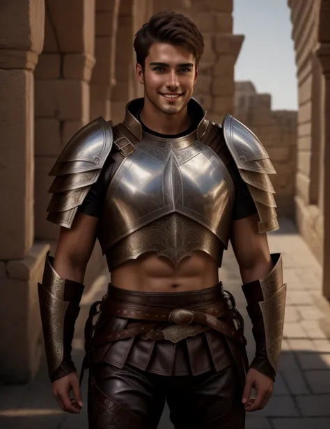 handsome guy, 25 years old, brown-haired, short hair, handsome male face, grin, light leather armor, magnificent pumped-up male figure, 8K, hyperrealism, masterpiece, professional shot, intricate plot, against the background of an ancient fortress  <lora:Ð...