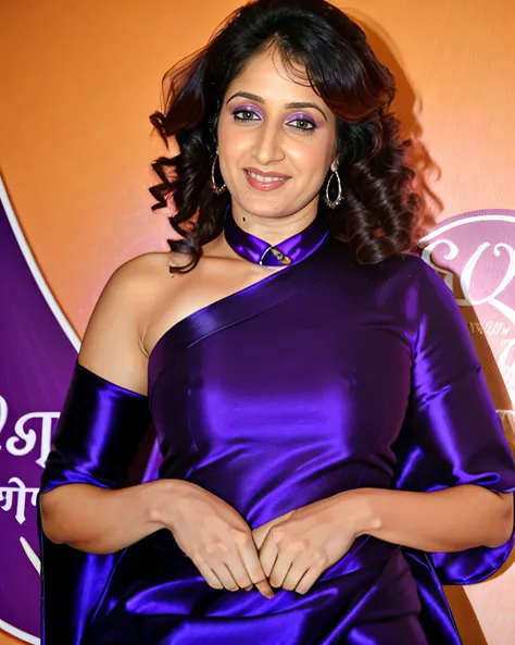 photo of srgk woman, conservatively dressed,  wearing Purple high neck Indo-Western Gown that covers the neck breasts and navel, anatomically accurate body proportions, dynamic pose, simple glam interior background in bokeh   <lora:sgrk_Sagarika_Ghatge_SD1...