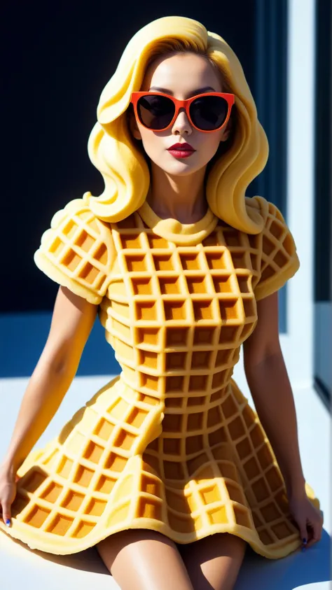 <lora:WaffleStyleXL:1>WaffleStyle  woman in a vibrant yellow rubber dress with oversized sunglasses, made out of waffles, (Masterpiece:1.3) (best quality:1.2) (high quality:1.1)