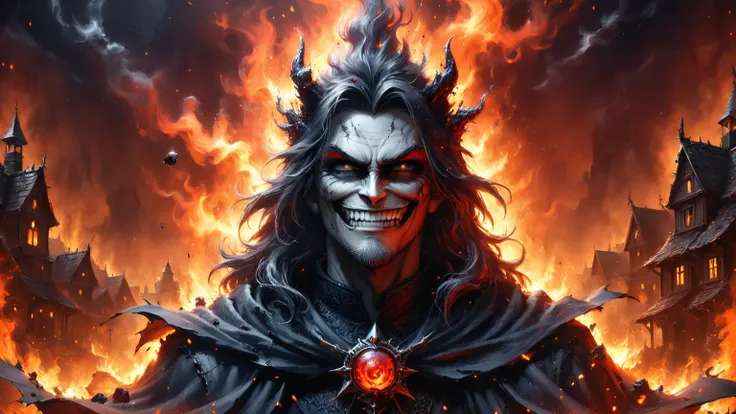 ais-darkpartz, close up portrait of a dark wizard with black crimson robes casting a deadly spell in a village on fire, evil grin, lightrays, blazing, art by Stefan Koidl and Frank Frazetta, night, darkness, bleak, <lora:- SDXL - creepy_n_freaks_V1.0:0.7>,...