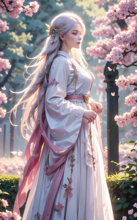 (masterpiece , best_quality:1.5 ), 1girl, branch, breasts, cherry blossoms, closed eyes, dress, flower, from side, hair flower, hair ornament, long dress, long hair, long sleeves, petals, pink flower, pointy ears, profile, solo, standing, very long hair, w...