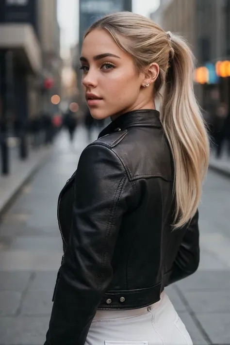 portrait of S348_CharlyJordan,a gorgeous woman,in a (city:1.1),wearing a (leather-jacket:1.1),(ponytail),(4k, RAW photo, best quality, depth of field, ultra high res:1.1),(absurdres, intricate, photorealistic, masterpiece, ultra-detailed:1.1),