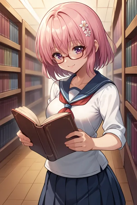 score_9, score_8_up, source_anime, BREAK 1girl <lora:tlrmomo-pdxl-nvwls-v1-000007:1> tlrmomo, pink hair, hair flower, white serafuku, pleated skirt, neckkerchief, holding textbook, glasses, smile, library