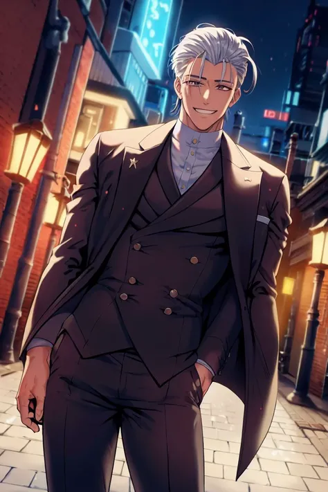 masterpiece, <lora:furiouzly-49:1>
furiouzly, 
1guy, solo, cowboy shot, muscular, white shirt, black jacket, black pants, hair slicked back, medium hair, white hair, suit, street, night, lantern,  grin