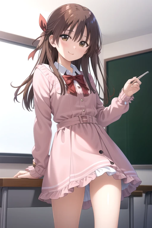 ((masterpiece)),(best quality),official art,extremely detailed CG,unity 8k wallpaper,ultra detailed,beautiful detailed eyes,extremely detailed face,classroom,1girl,solo,cowboy shot,looking at viewer,facing viewer,smile,Onami Sumi,brown hair,long hair,hair ...