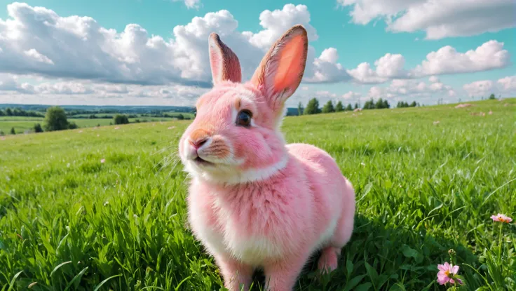 a close up photo of a cute pink bunny, in the background a bright green meadow, with some foxes, brilliant sky, with white clouds
<lora:Landscapes-v1.1:0.8>,