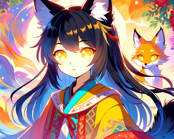 DALLE-Sytles,fox_tail,black-hair,5_figners,yellow_eyes,fox_girl,fox_ears,Ahri,midjourney,upper_body,1 girl,More Detail,perfect light,CJ painting<lora:EMS-320496-EMS:0.900000>