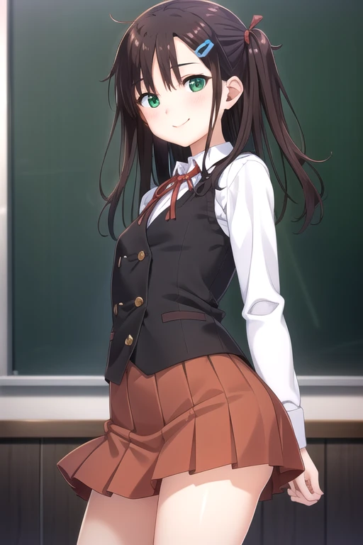 ((masterpiece)),(best quality),official art,extremely detailed CG,unity 8k wallpaper,ultra detailed,beautiful detailed eyes,extremely detailed face,classroom,1girl,solo,cowboy shot,looking at viewer,facing viewer,(petite:1.2),smile,Onami Sora,brown hair,lo...