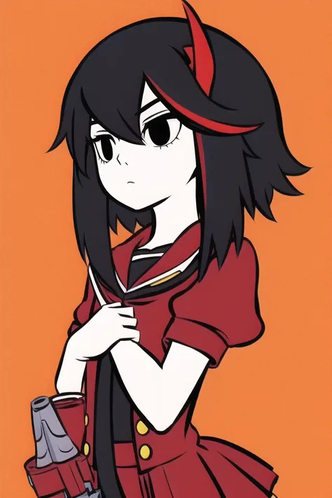 1girl,solo,black hair,short hair,white skin,black eyes,expressionless,simple background,masterpiece,best quality,high quality,<lora:Matoi Ryuko:0.4>,kill la kill,matoi ryuuko,cowboy shot,<lora:FRZ-V3:.8>,