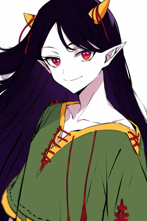 masterpiece, best quality,   <lora:NippakuZanmu:1>horns, red eyes, solo, black hair, long hair, pointy ears, smile, colored skin, white background, looking at viewer, pale skin, simple background, male focus, 1boy, purple hair